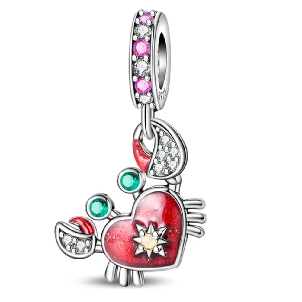 🌟 S925 Sterling Silver Red Heart Crab Dangle Charm - Picture 2 of 6